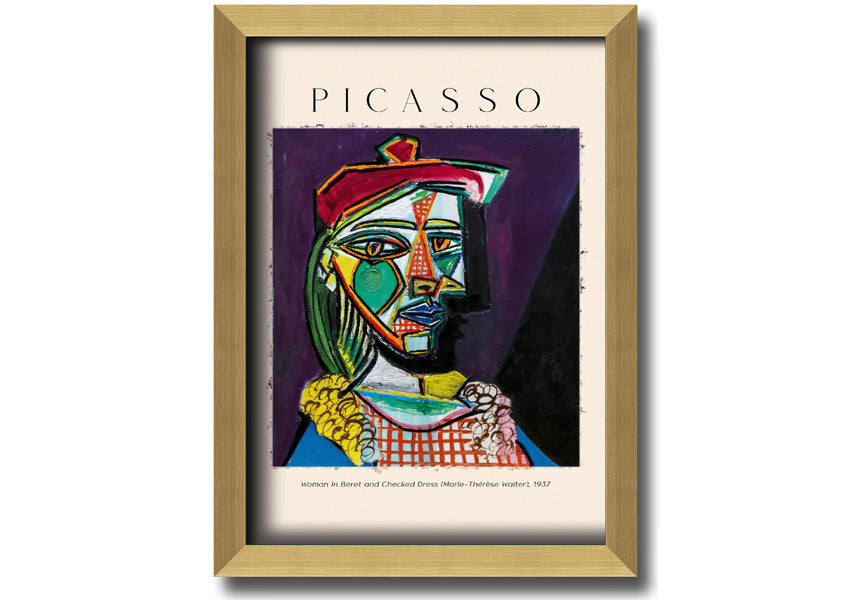 A vibrant reproduction of Picasso's 'Woman In Beret And Checked Dress 1937' printed on canvas, framed and ready to hang.